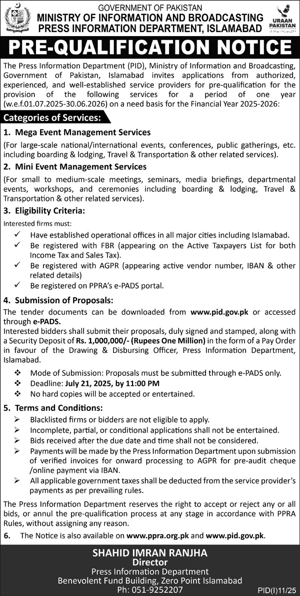 Ministry of Information & Broadcasting Press Information Department Islamabad Tender Notice